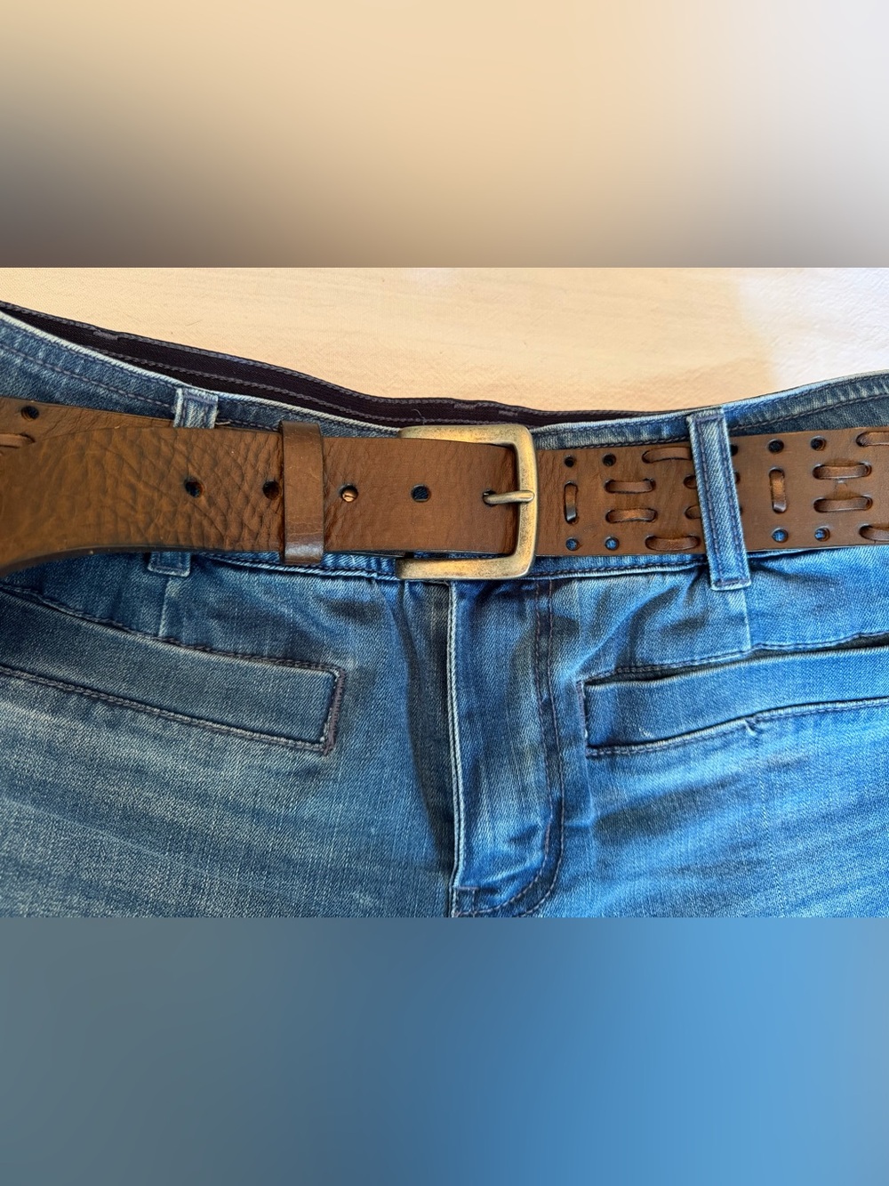 Amazing FULL GRAIN Vintage-Look Leather Belt with Antiqued Brass Buckle